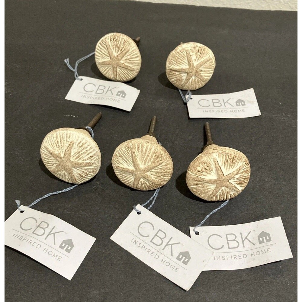 5 Sand Dollar Starfish Drawer Cabinet Knobs Weathered White Brown NWT VTG ~1.75”